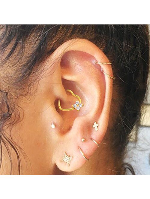 OUFER 16Gauge Flower CZ Heart Left Closure Daith Cartilage Tragus Earrings Body Piercing Jewelry (gold clear)