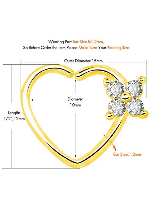 OUFER 16Gauge Flower CZ Heart Left Closure Daith Cartilage Tragus Earrings Body Piercing Jewelry (gold clear)