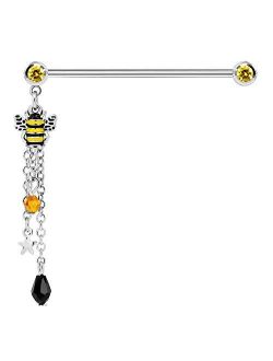 Bee Industrial Barbells 14G 316L Stainless Steel Industrial Barbells with Cute Bee Dangle Charms Piercing Jewelry