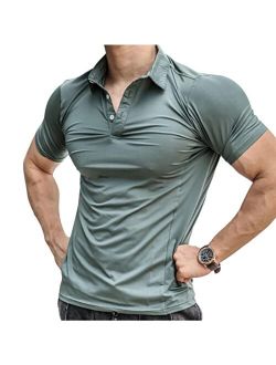 Beotyshow Men's Stretch Athletic Polo Shirt Slim Fitted Short Sleeve Muscle T-Shirts