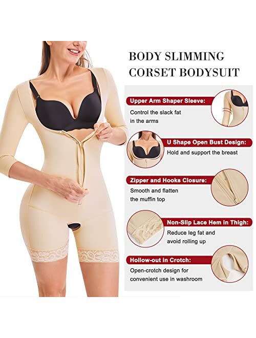 MERYOSZ Full Body Waist Trainer for Women Zipper Tummy Control Bodysuit Upper Arm Shaper Open Bust Slimmer Corset Shapewear