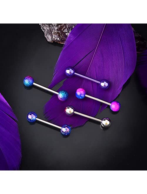OUFER 4 PCS Stainless Steel 14G Barbell Tongue Rings Purple Black Splatter Tongue Barbell Tongue Piercing Jewelry