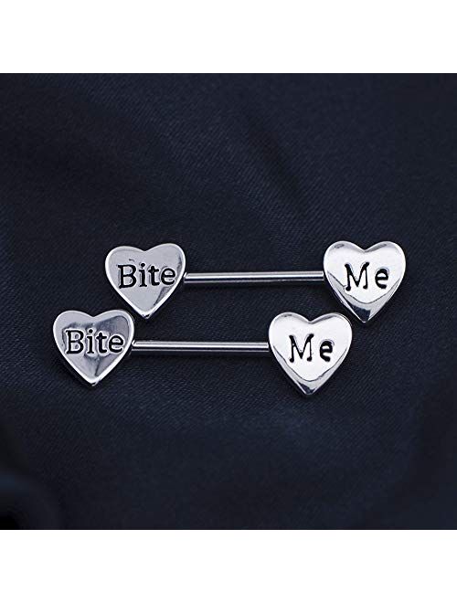 OUFER 2PCS 14G Stainless Steel Nipplerings Barbell Heart with Carved Cum Here Nipple Rings Piercing for Women Men in Body Piercing Jewelry