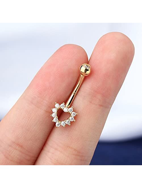OUFER Gold Navel Rings 14K Solid Gold Belly Button Rings Heart Shiny Clear CZ Belly Piercing Jewelry Belly Rings