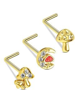 20G Nose Studs, 316L Stainless Steel Gold Nose Rings L-Shaped Mushroom Elements Paved Clear CZ Nose Piercing Jewelry for Women