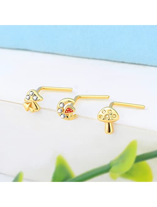 OUFER 20G Nose Studs, 316L Stainless Steel Gold Nose Rings L-Shaped Mushroom Elements Paved Clear CZ Nose Piercing Jewelry for Women