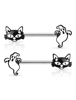 2PCS 14G Halloween Nipplerings Piercing Women Ghost Black Cat Nipple Barbell Silver 316L Surgical Steel Nipple Rings Body Jewlery