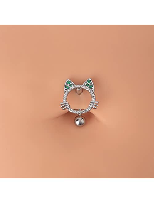 OUFER 14G Reverse Belly Rings, 316L Surgical Steel Cat Belly Button Rings, Clear CZ Navel Piercing Jewelry for Women