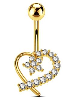 14G Navel Rings,316L Surgical Steel Heart Shaped Belly Button Rings, Clear CZ Paved Belly Piercing Jewelry for Women