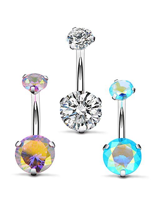 OUFER 3PCS Belly Button Rings Surgical Steel with Clear Prong CZ Body Piercing Jewelry 14G