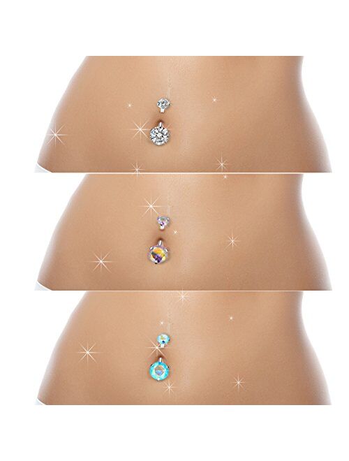 OUFER 3PCS Belly Button Rings Surgical Steel with Clear Prong CZ Body Piercing Jewelry 14G
