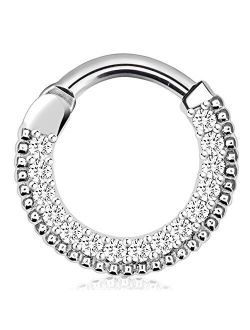 16G 316L Stainless Steel 15 CZ Paved Septum Clicker Nose Ring Clicker Body Piercing