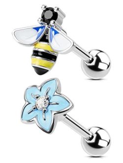 2PCS 16G Helix Earrings, 316L Stainless Steel Tragus Earring Studs, Flower Cartilage Earrings, Colorful Gem Helix Piercing Jewelry