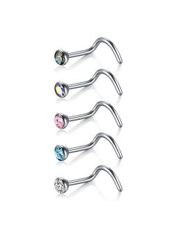 Generic 5pcs 18G 20G Small Twist Screw Shaped Titanium Nose Screw Studs 2mm Clear CZ Nose Ring for Women and Men | White/AQ/Pink/AB/VM Cubic Zircon Nose Piercing