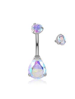 Generic 14G G23 Solid Titanium Belly Button Rings with 10mm Internally Threaded Belly Bars Naval Rings Piercing Jewelry Cubic Zirconia Ball Top Tri-Prong Set Pear | Round
