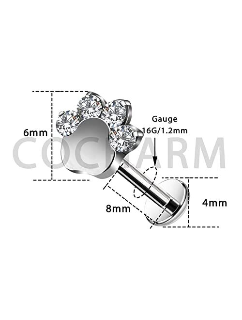 COCHARM 16G G23 Titanium Helix Cartilage Conch Stud Earrings Paw Internally Threaded Helix Piercing Jewelry Lip Labret Stud Rings