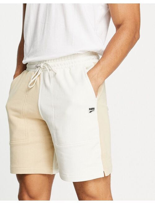Puma Downtown color block logo shorts in beige