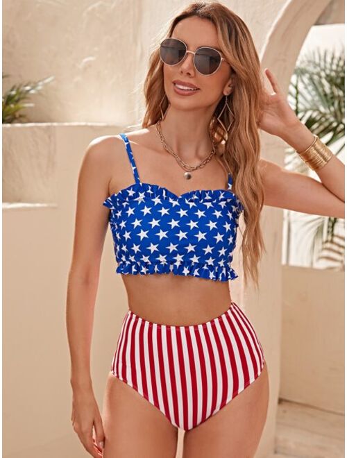Shein Star & Striped Print Ruffle Trim Bikini Swimsuit