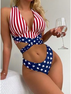 American Flag Print Criss Cross Bikini Swimsuit