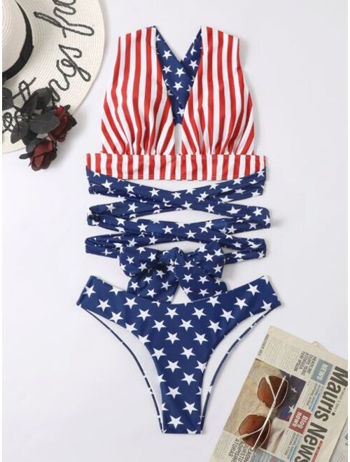 Shein American Flag Print Criss Cross Bikini Swimsuit