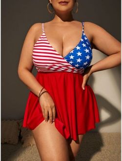 Plus American Flag Print High Waist Bikini Swimsuit