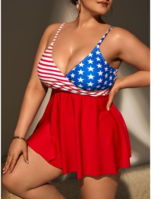 Shein Plus American Flag Print High Waist Bikini Swimsuit