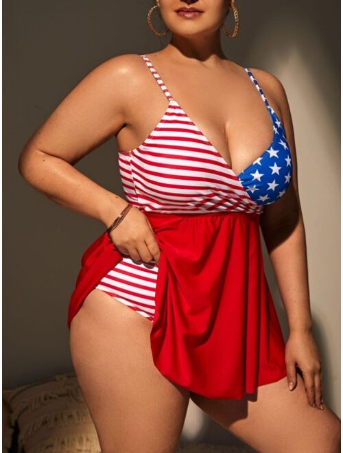 Shein Plus American Flag Print High Waist Bikini Swimsuit