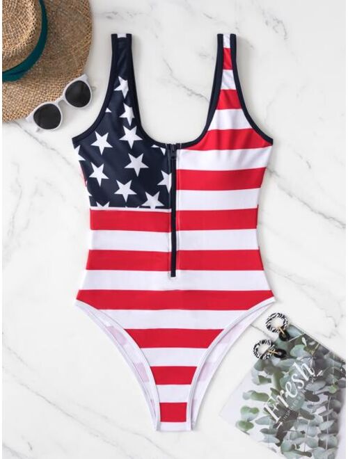 Shein American Flag Print Half Zip One Piece Swimsuit