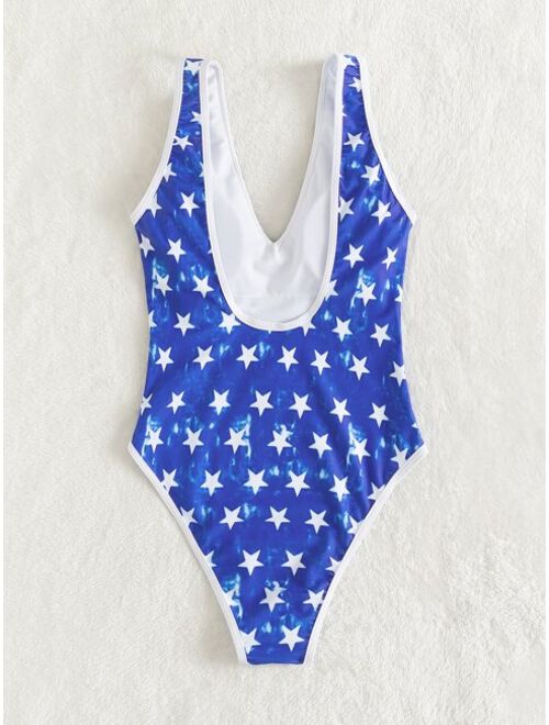 Shein Random American Flag Print Contrast Binding One Piece Swimsuit