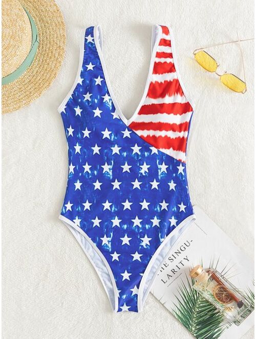 Shein Random American Flag Print Contrast Binding One Piece Swimsuit