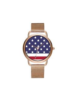 Yeaoep Women Watches Brand Luxury Ladies Mesh Belt Ultra-Thin Watch Waterproof Clock Quartz Watch Christmas Ameri'Land Flag Watch