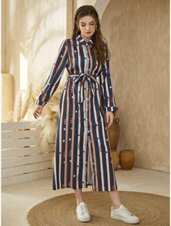 Colorful Striped & Star Print Belted Shirt Dress