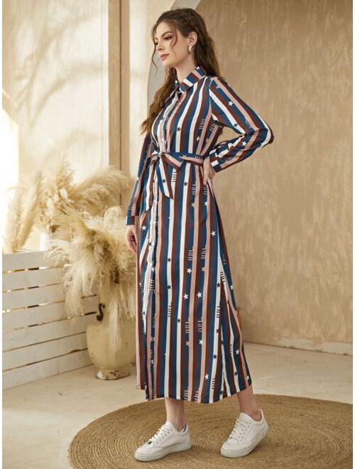 Shein Colorful Striped & Star Print Belted Shirt Dress