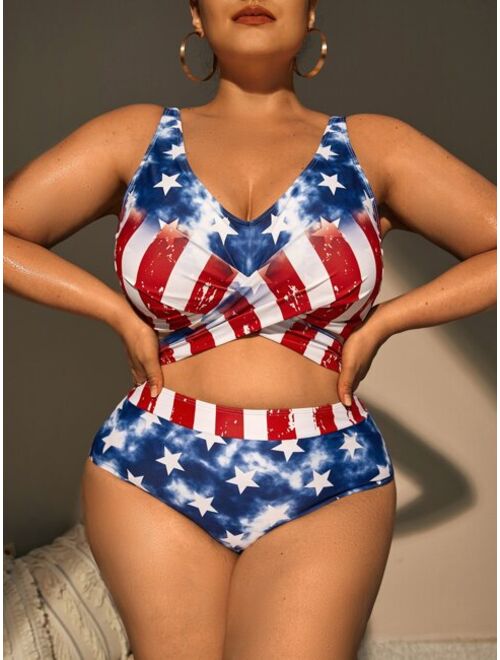 Shein Plus Americana Print Wrap Bikini Swimsuit