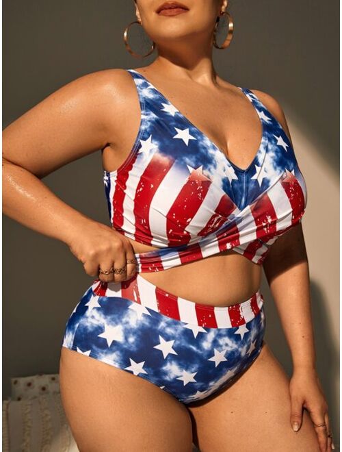 Shein Plus Americana Print Wrap Bikini Swimsuit