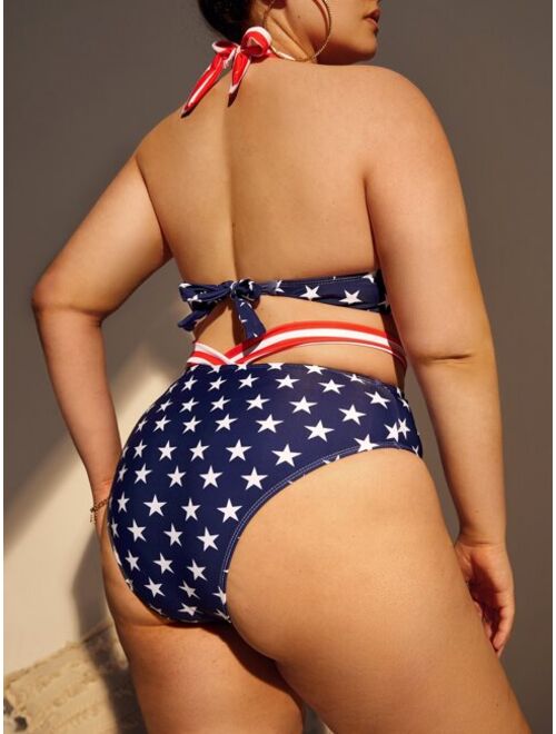 Shein Plus Flag Print Cut-out Halter Push Up Bikini Swimsuit