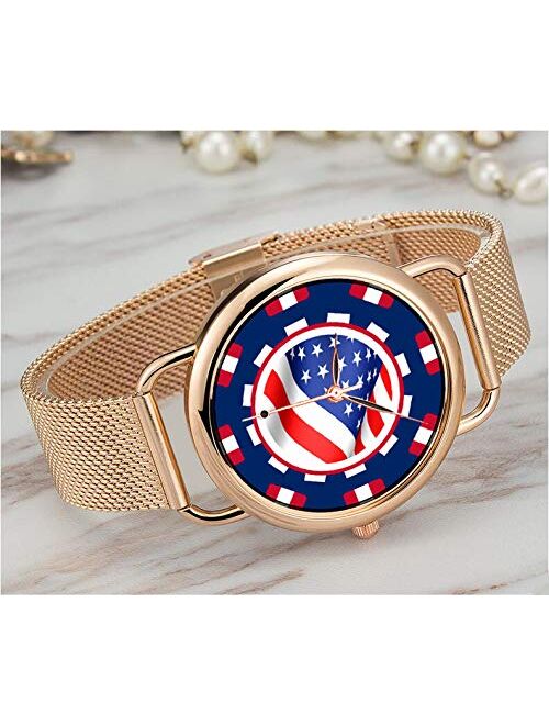 Yeaoep Women Watches Brand Luxury Ladies Mesh Belt Ultra-Thin Watch Waterproof Clock Quartz Watch Christmas Customizable American Flag Watches