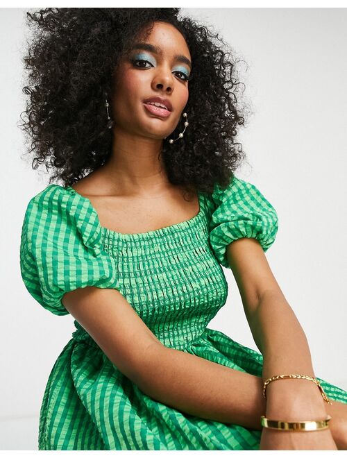 Never Fully Dressed textured smock midi dress in green gingham