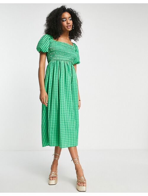Never Fully Dressed textured smock midi dress in green gingham