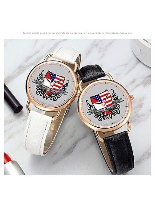 Aimshi Women's Watches Brand Luxury Fashion Ladies Watch White and Black Leather Band Gold Quartz Wristwatch Female Gifts Clock Austrian-American Shield Flag Wrist Watche