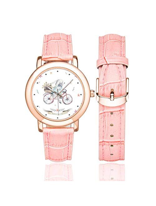 INTERESTPRINT Women's Casual Pink Leather Strap Watches Merry Christmas New Year Pattern with Snowflakes Deer Waterproof Wrist Watch