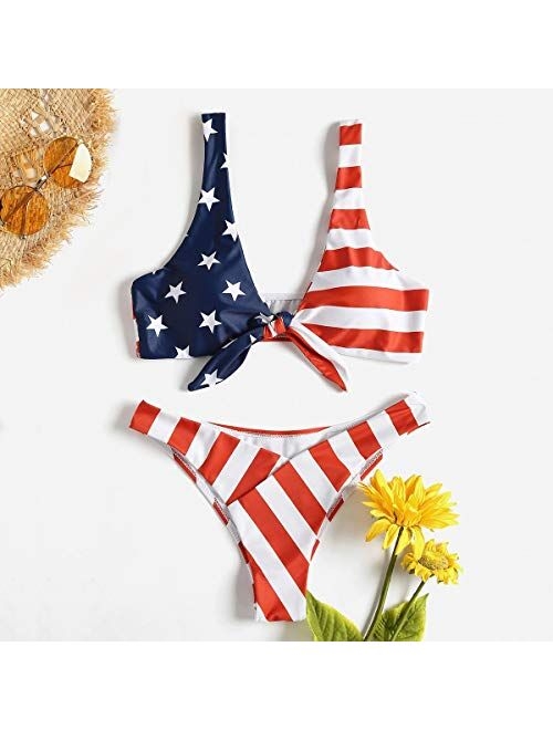 TSWRK Tie Knot Front American USA Flag Bikini Set Triangle Cheeky Bottom Two-Piece Bathing Suit