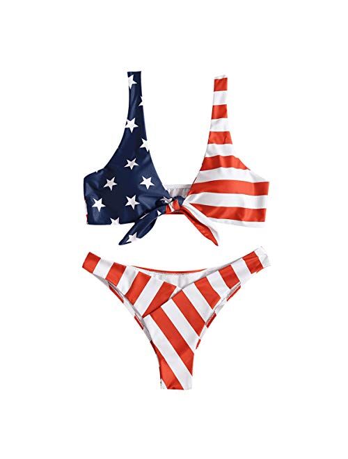 TSWRK Tie Knot Front American USA Flag Bikini Set Triangle Cheeky Bottom Two-Piece Bathing Suit