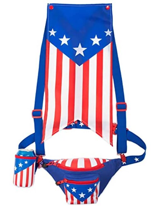 Tipsy Elves Patriotic USA Fanny Pack with American Flag Cape, Suspenders & Drink Holder