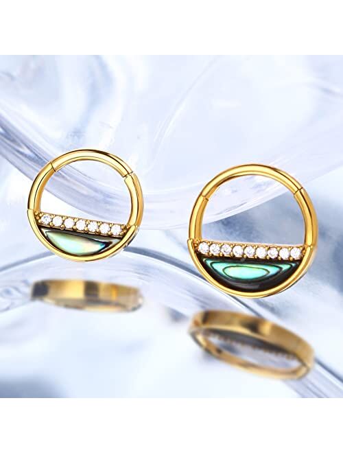 OUFER Helix Hoop Earrings, 16G 316L Stainless Steel Clear CZ Septum Rings, Tragus Daith Rook Earring, Helix Piercing Jewelry, Abalone Shell Cartilage Earrings