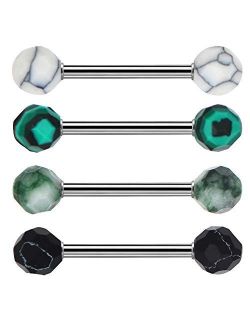 4PCS 316L Stainless Steel Tongue Rings Barbell Faceted Stone Tongue Piercing Jewelry