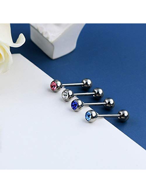 OUFER 4PCS Titanium Tongue Rings Barbell with Shiny Clear CZ Tongue Rings G23 Solid Titanium Tongue Piercing Barbell Jewelry