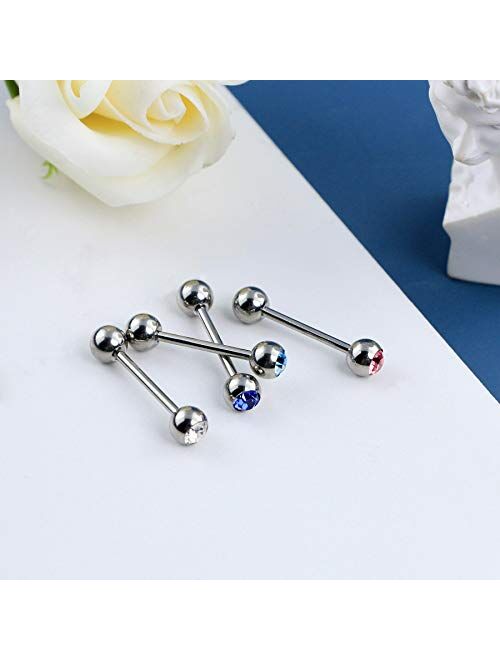 OUFER 4PCS Titanium Tongue Rings Barbell with Shiny Clear CZ Tongue Rings G23 Solid Titanium Tongue Piercing Barbell Jewelry