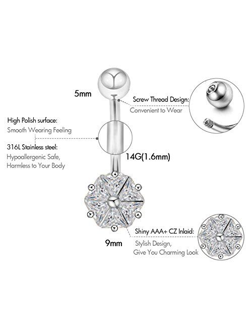 OUFER 14G 316L Surgical Steel Clear CZ Flower Petal Navel Ring Belly Button Rings