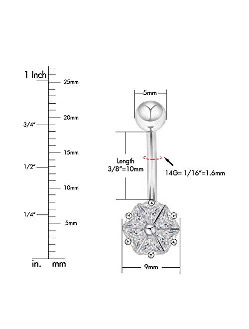 OUFER 14G 316L Surgical Steel Clear CZ Flower Petal Navel Ring Belly Button Rings